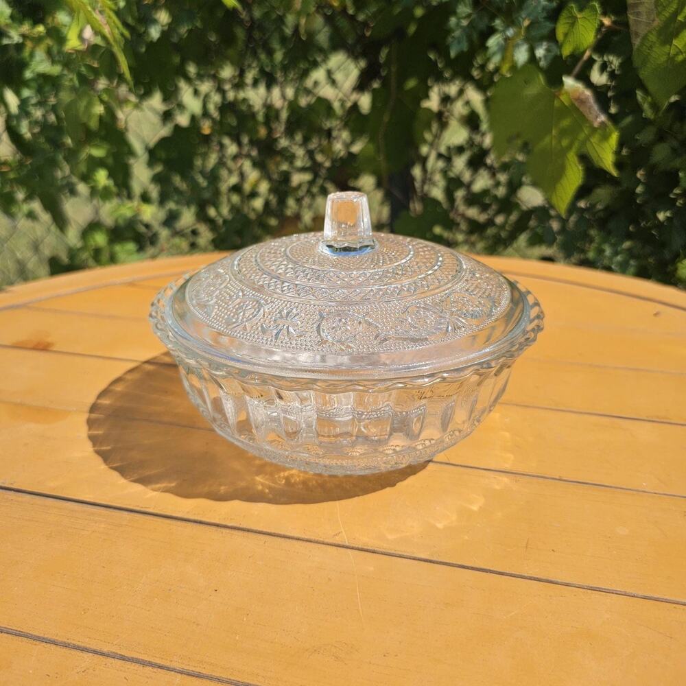 Vintage Crystal Clear Industries Trellis Pressed Embossed Glass Candy Bowl